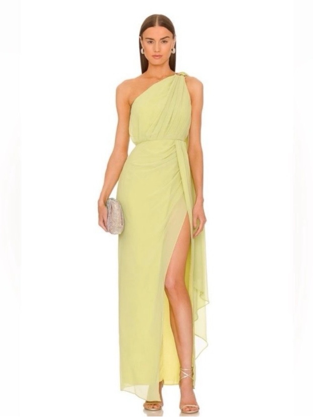 Michael Costello One-Shoulder Lemon Green Maxi Dress